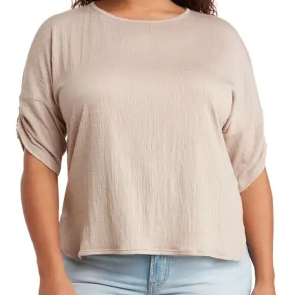 Max Studio Tops - Max Studio Cinched Sleeve Top Size 3X Taupe Jersey Dropped-Shoulder T-Shirt NWT